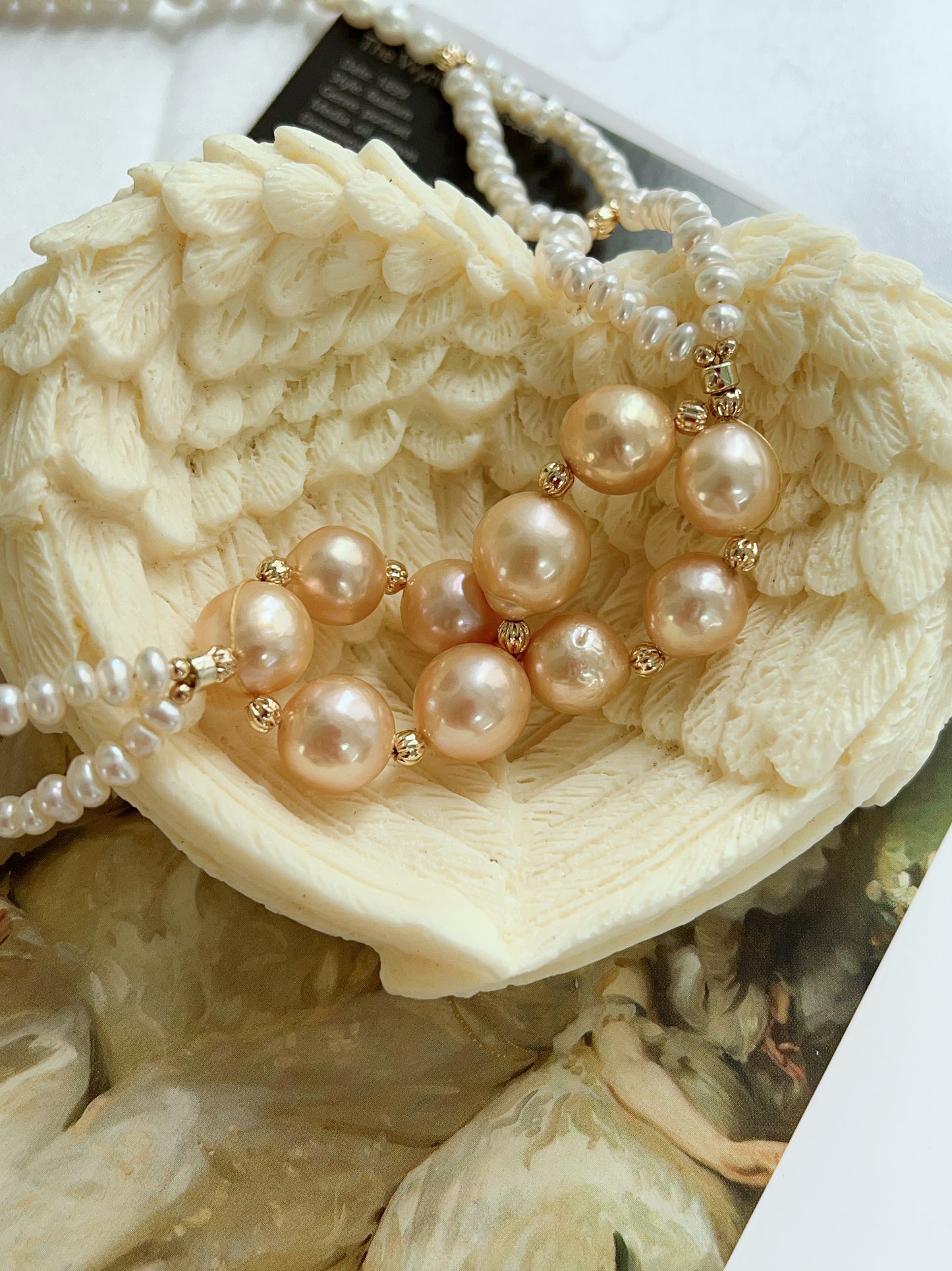 #PN1219 freshwater pearl necklace 50cm connecting circles design braided 2-layered lustrous