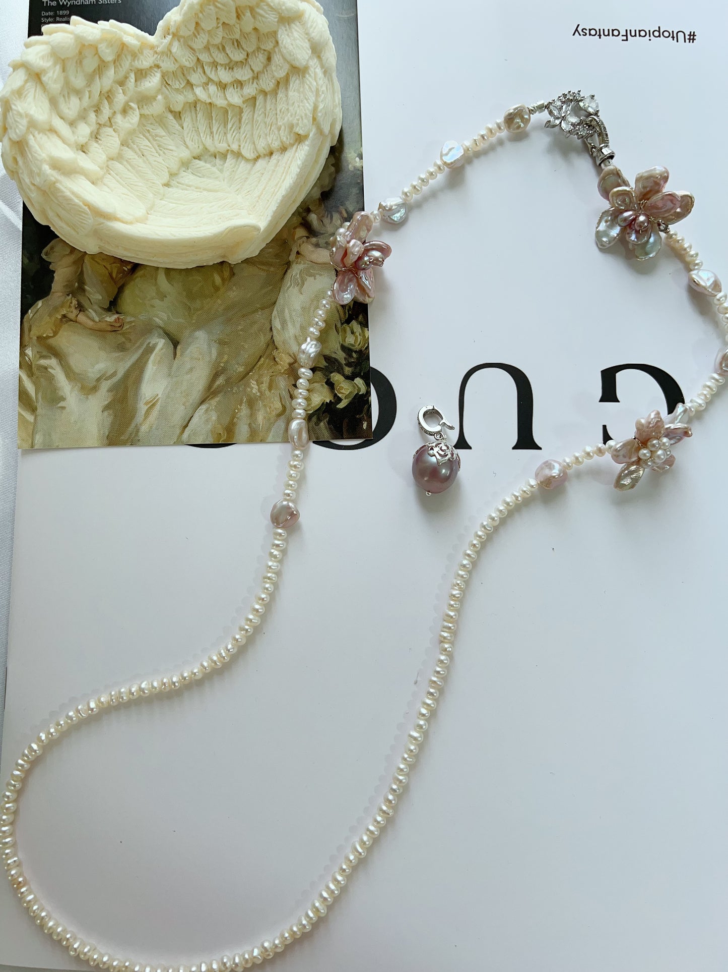 #PN1223 freshwater pearl necklace blossom pearls detachable avocado pendant 67 cm classic Y shape wearing