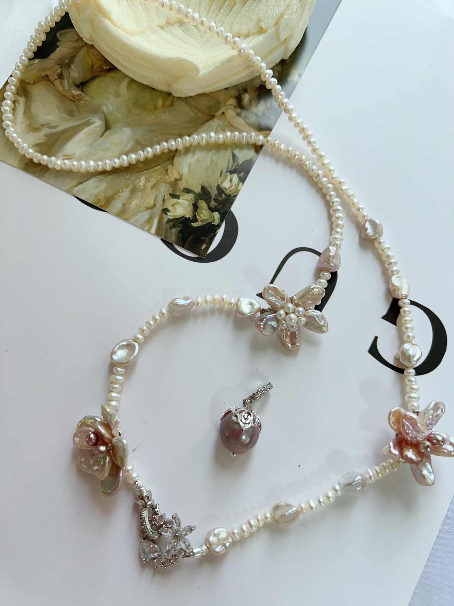 #PN1223 freshwater pearl necklace blossom pearls detachable avocado pendant 67 cm classic Y shape wearing