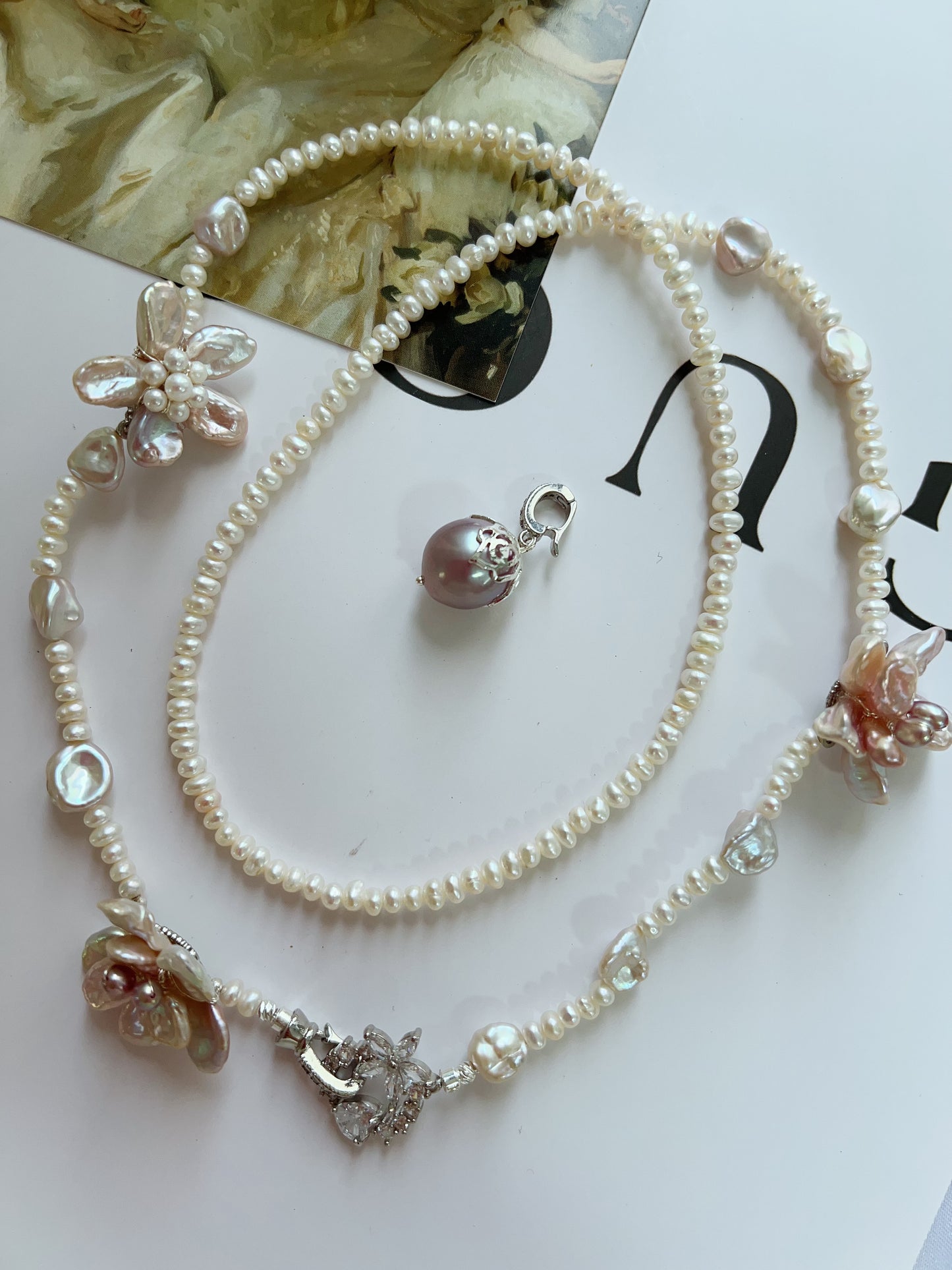 #PN1223 freshwater pearl necklace blossom pearls detachable avocado pendant 67 cm classic Y shape wearing