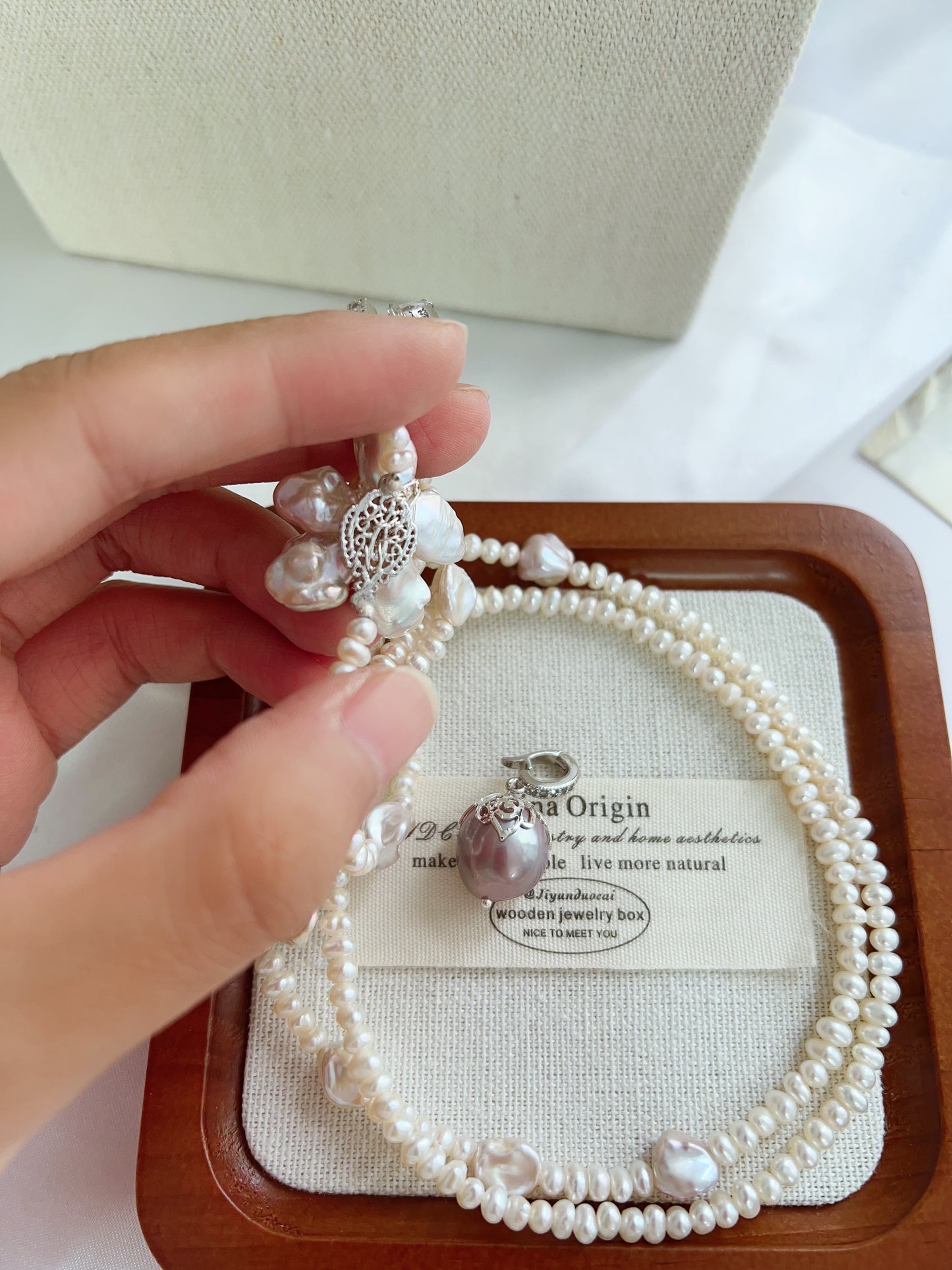 #PN1223 freshwater pearl necklace blossom pearls detachable avocado pendant 67 cm classic Y shape wearing