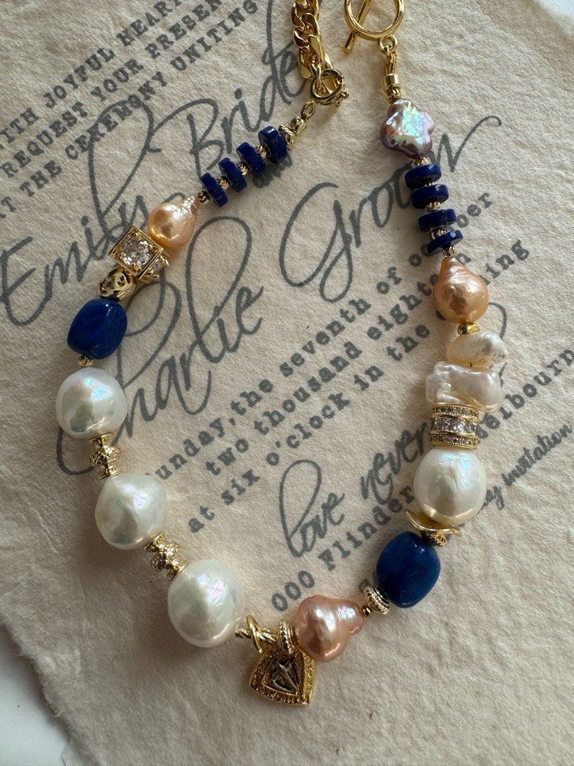 #PN499 Artisan Crafted| Freshwater Pearl Necklace | Lapis Lazuli | Half Pearl Half Chain | Big Baroque Pearl | Lustrous