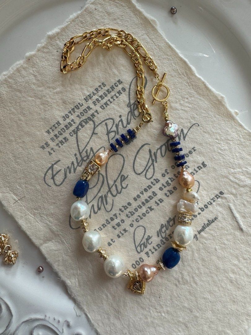 #PN499 Artisan Crafted| Freshwater Pearl Necklace | Lapis Lazuli | Half Pearl Half Chain | Big Baroque Pearl | Lustrous