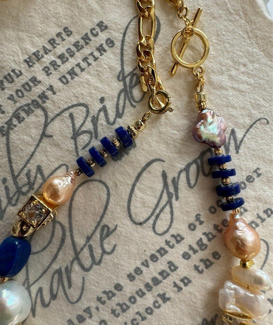 #PN499 Artisan Crafted| Freshwater Pearl Necklace | Lapis Lazuli | Half Pearl Half Chain | Big Baroque Pearl | Lustrous