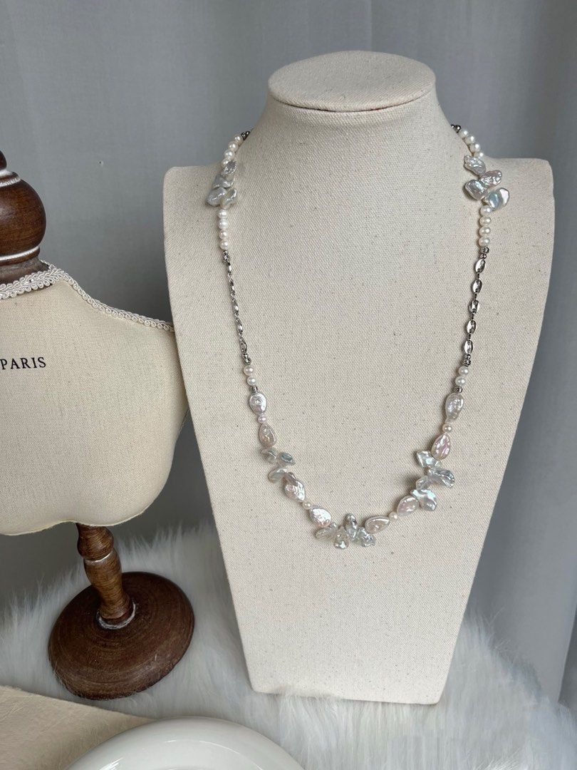 #PN448 Silver Petal|Freshwater Pearl Necklace |Long Chain|Water-drop Shaped Pearl |Silver Grey Lustre|Natural Flaws |63cm