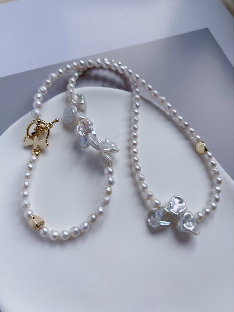 #PN549 [Floral Series] Freshwater Pearl Necklace |Petal Pearls|Silver-ish Lustre |Baby Pearls |Unsymmetrical Design