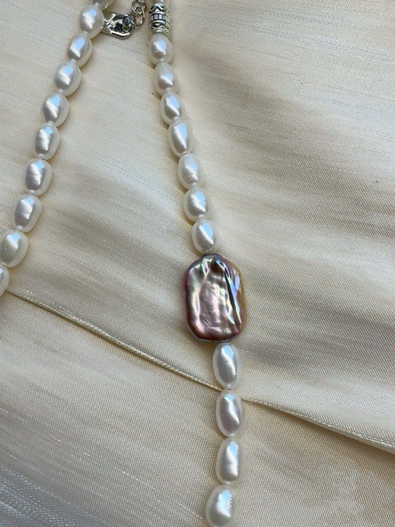 #PN446 White Purity |Freshwater Pearl Necklace |White Quartz |Opal Stone|Purple Square Pearl |Cool Silver