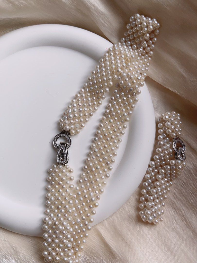#PN596 Baby Pearl Freshwater Pearl Necklace & Bracelet Set|Choker| Multi-threads Braided