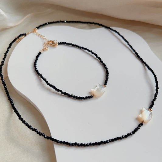 #PN598 Black Spinel & White Seashell Cat Head Necklace & Bracelet Set