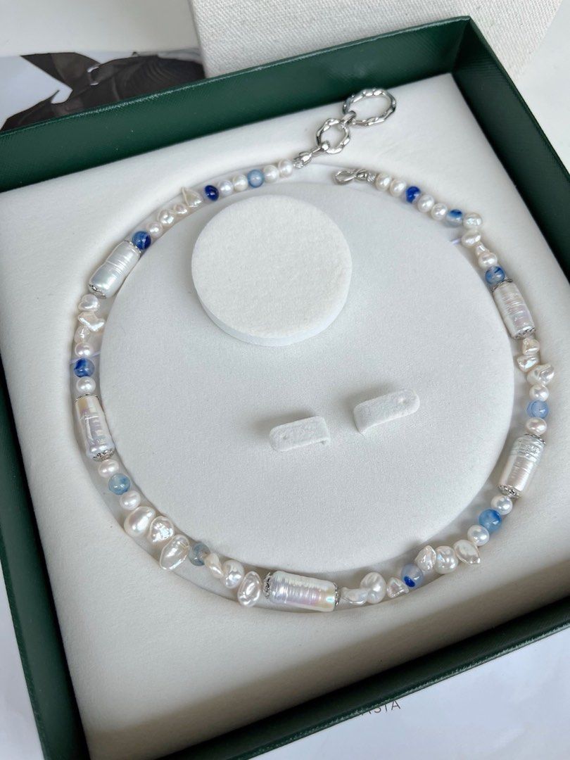 #PN449 Blue Pillars |Freshwater Pearl Necklace |Blue Agate|Mixed Shapes |Lustrous|Baroque Pearl