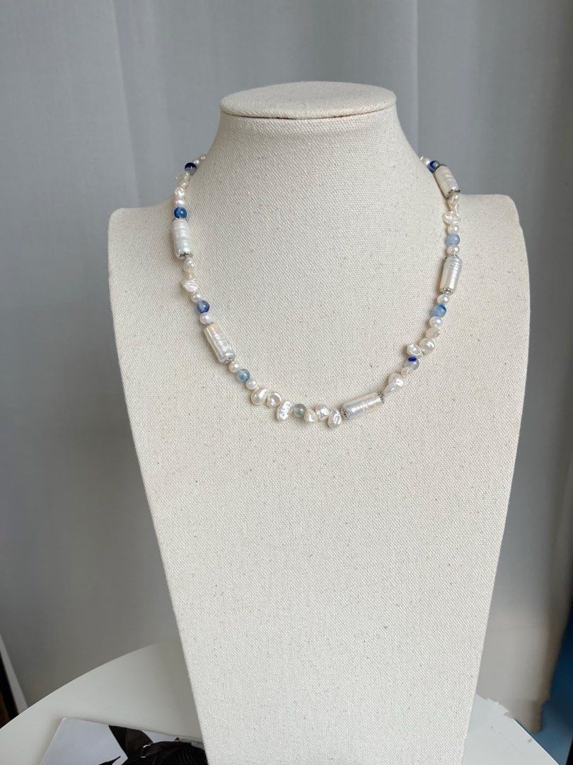 #PN449 Blue Pillars |Freshwater Pearl Necklace |Blue Agate|Mixed Shapes |Lustrous|Baroque Pearl