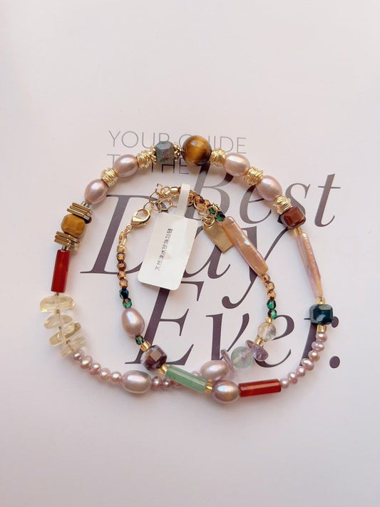 #PN504 Bohemian Free| Freshwater Pearl Necklace | Agate|Fluorite| Lemon Quartz|Rainbow| Baroque Pearl