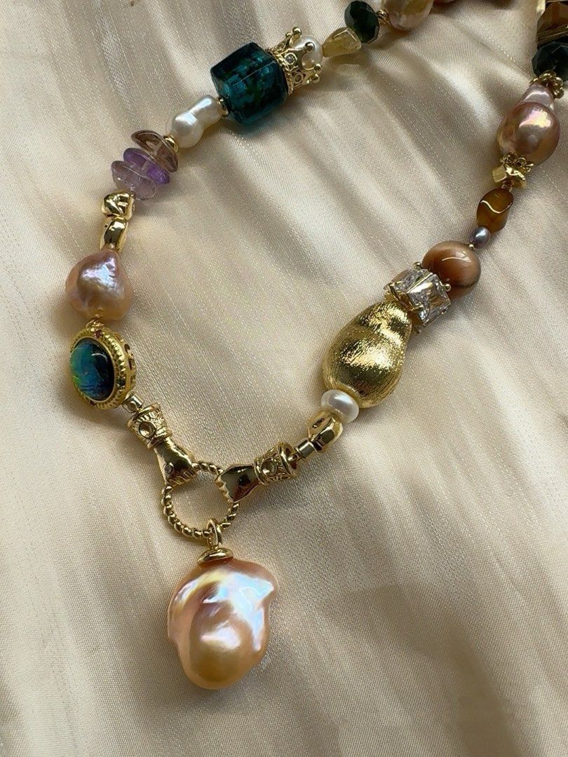 #PN498 Bold Colourful| Freshwater Pearl Necklace | Natural Stones| Moonstone | Baroque Pearl | Purple Quartz | Agate| Baroque Pendant