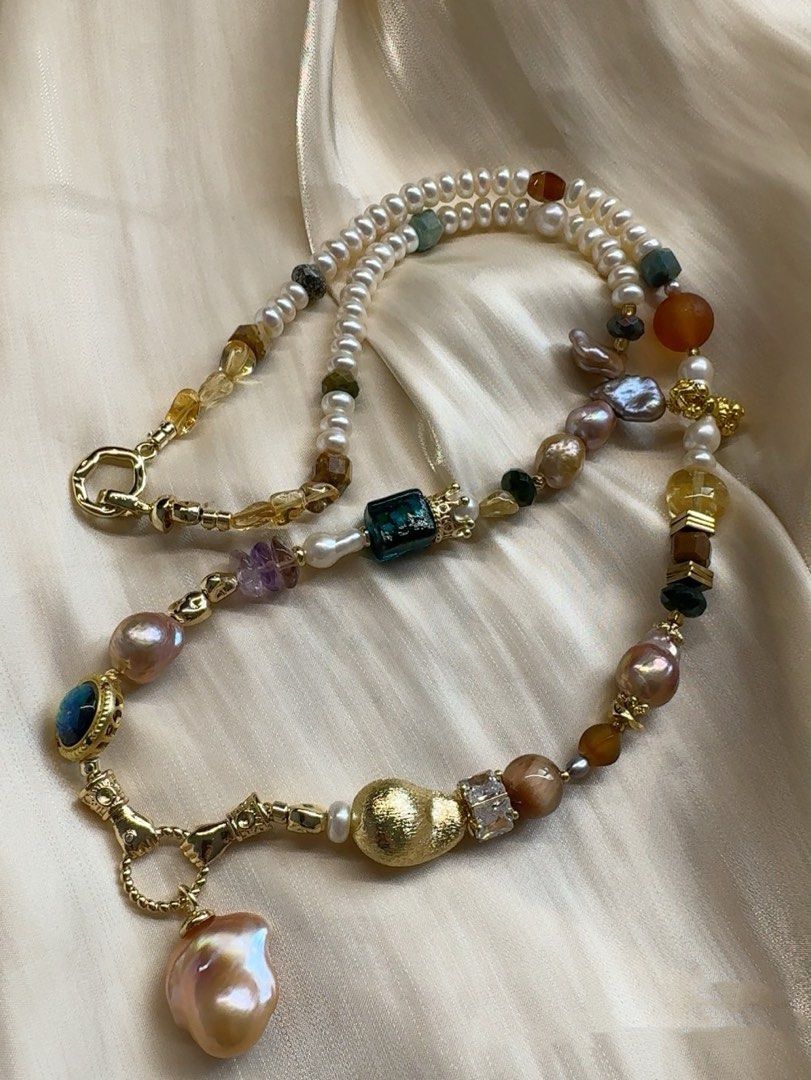 #PN498 Bold Colourful| Freshwater Pearl Necklace | Natural Stones| Moonstone | Baroque Pearl | Purple Quartz | Agate| Baroque Pendant