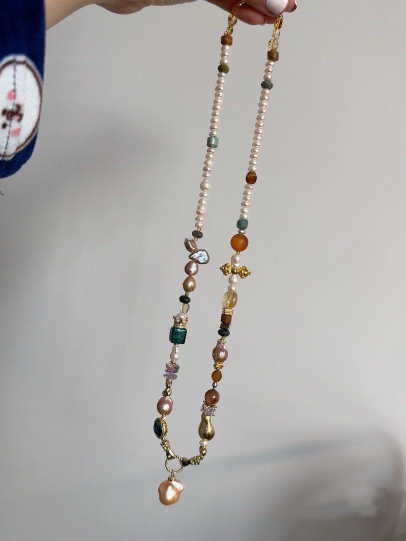 #PN498 Bold Colourful| Freshwater Pearl Necklace | Natural Stones| Moonstone | Baroque Pearl | Purple Quartz | Agate| Baroque Pendant