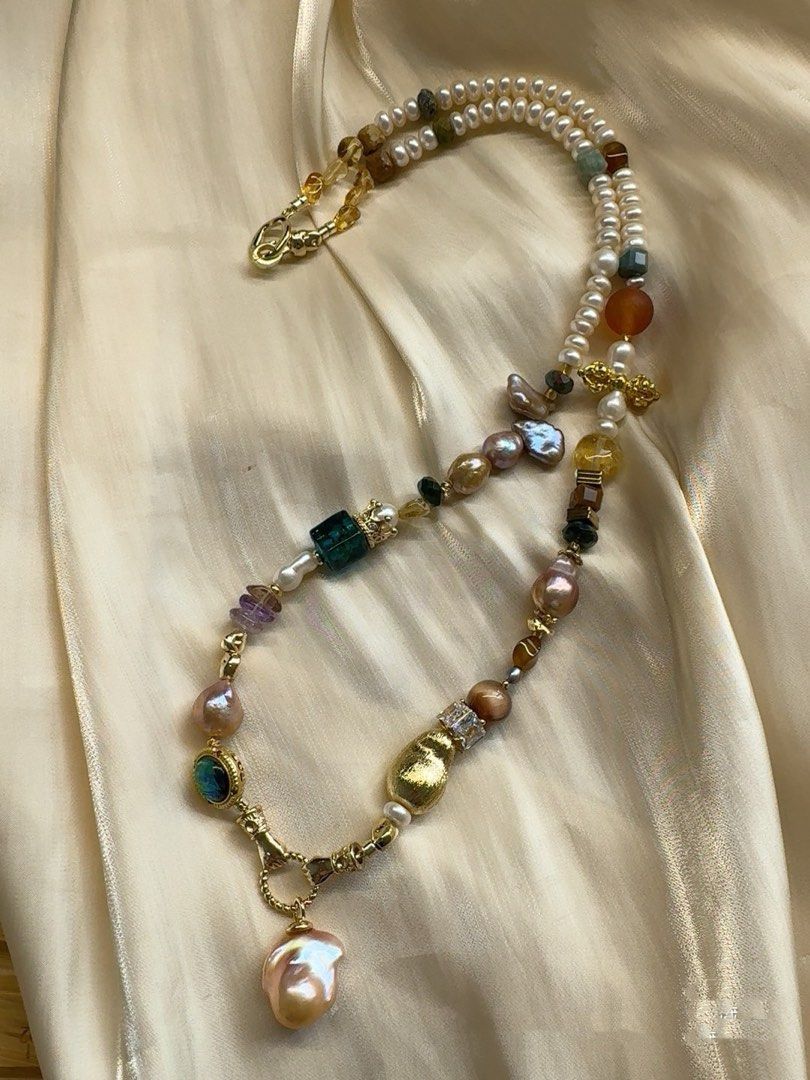 #PN498 Bold Colourful| Freshwater Pearl Necklace | Natural Stones| Moonstone | Baroque Pearl | Purple Quartz | Agate| Baroque Pendant