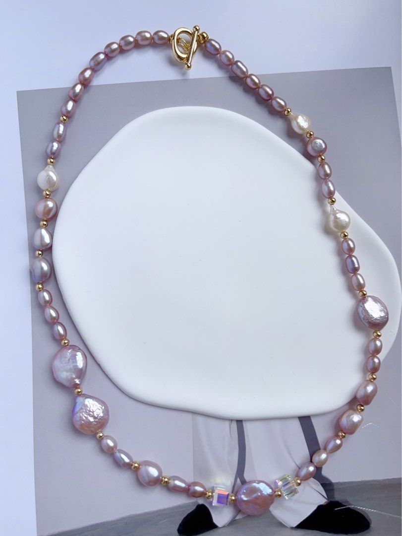 #PN547 [Bow Tie] Freshwater Pearl Necklace |Baroque Pearl |White & Purple |Water-drop, Oval & Coin Shaped |Superb Lustre