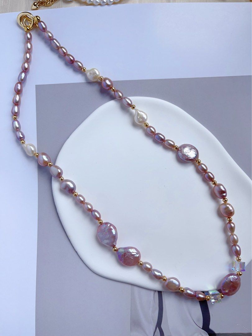 #PN547 [Bow Tie] Freshwater Pearl Necklace |Baroque Pearl |White & Purple |Water-drop, Oval & Coin Shaped |Superb Lustre