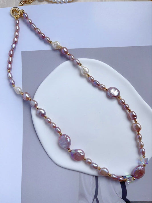 #PN547 [Bow Tie] Freshwater Pearl Necklace |Baroque Pearl |White & Purple |Water-drop, Oval & Coin Shaped |Superb Lustre