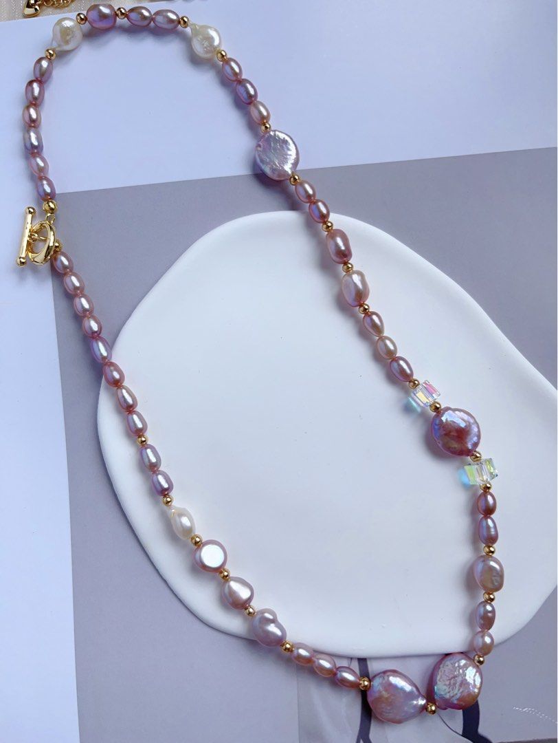 #PN547 [Bow Tie] Freshwater Pearl Necklace |Baroque Pearl |White & Purple |Water-drop, Oval & Coin Shaped |Superb Lustre