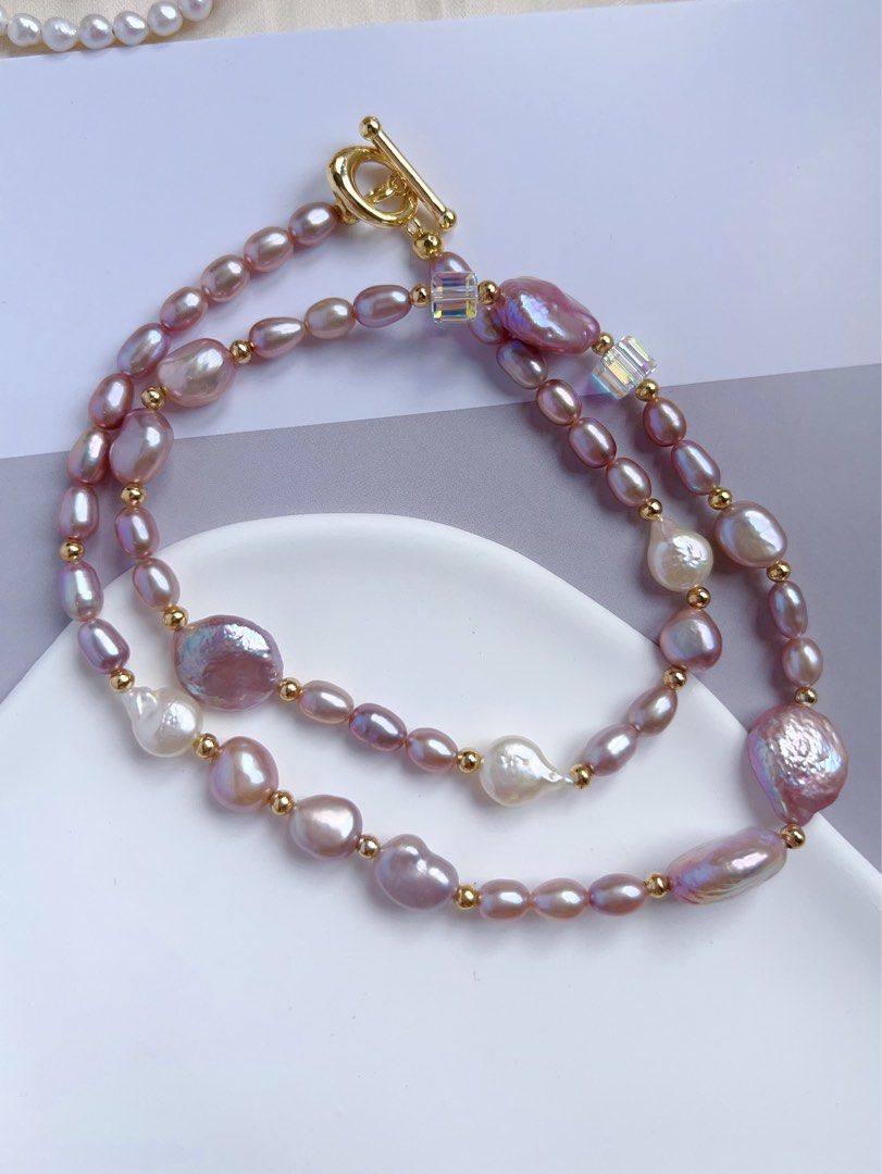 #PN547 [Bow Tie] Freshwater Pearl Necklace |Baroque Pearl |White & Purple |Water-drop, Oval & Coin Shaped |Superb Lustre