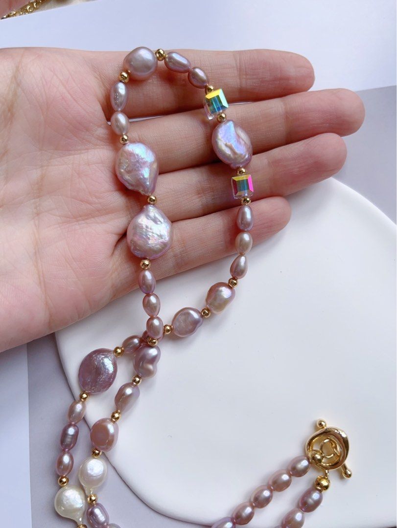 #PN547 [Bow Tie] Freshwater Pearl Necklace |Baroque Pearl |White & Purple |Water-drop, Oval & Coin Shaped |Superb Lustre