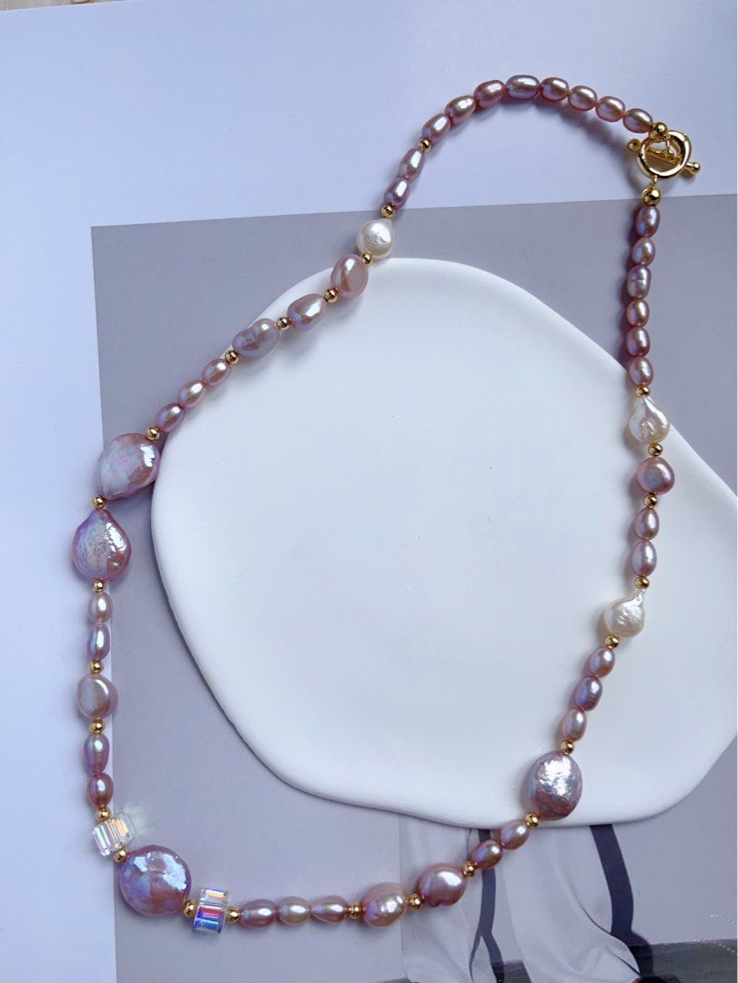 #PN547 [Bow Tie] Freshwater Pearl Necklace |Baroque Pearl |White & Purple |Water-drop, Oval & Coin Shaped |Superb Lustre
