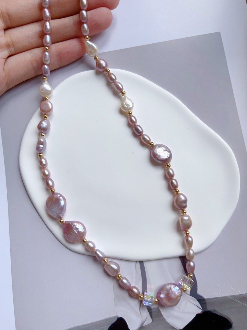#PN547 [Bow Tie] Freshwater Pearl Necklace |Baroque Pearl |White & Purple |Water-drop, Oval & Coin Shaped |Superb Lustre