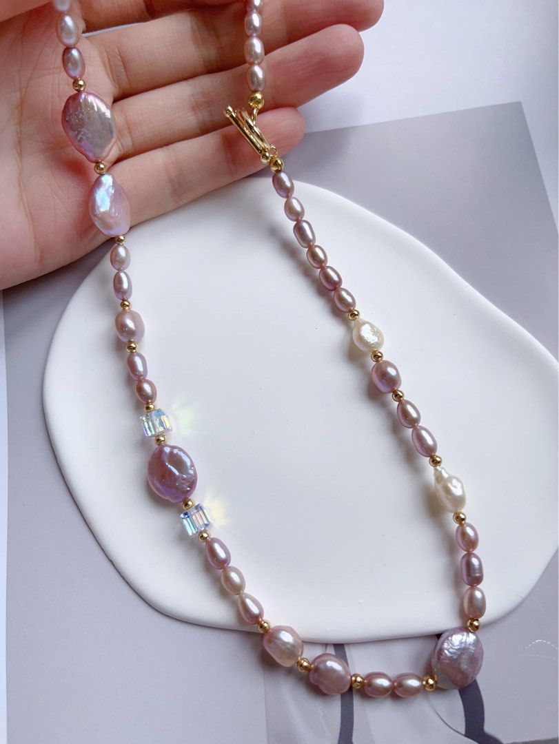#PN547 [Bow Tie] Freshwater Pearl Necklace |Baroque Pearl |White & Purple |Water-drop, Oval & Coin Shaped |Superb Lustre