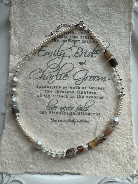#PN490 Casual Chic| Freshwater Pearl Necklace | Patterned Agate| Lustrous Baroque Pearl |Baby Pearl | White Quartz