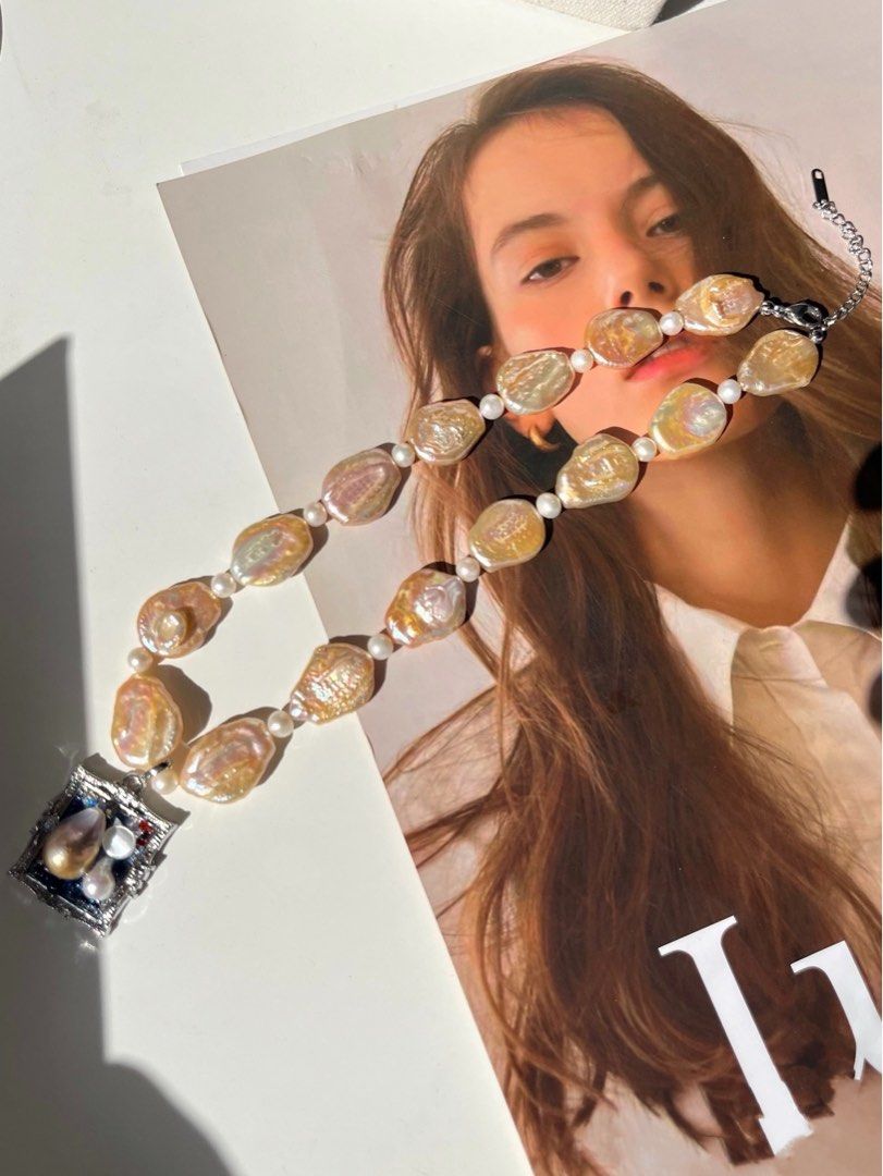 #PN480 Champagne Memory | Freshwater Pearl Necklace |Photo Frame Pendant |Removable|Baroque Pearl |Plate Shaped Pearl