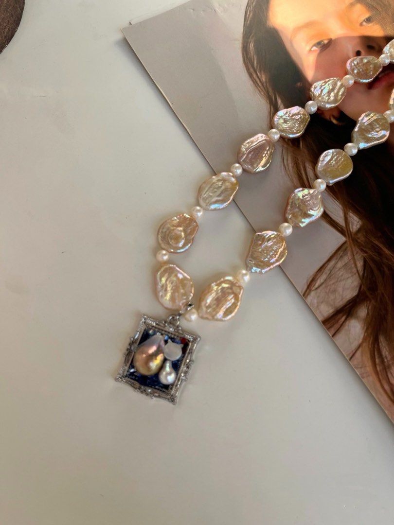 #PN480 Champagne Memory | Freshwater Pearl Necklace |Photo Frame Pendant |Removable|Baroque Pearl |Plate Shaped Pearl