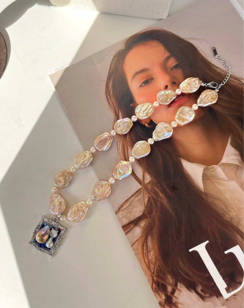 #PN480 Champagne Memory | Freshwater Pearl Necklace |Photo Frame Pendant |Removable|Baroque Pearl |Plate Shaped Pearl