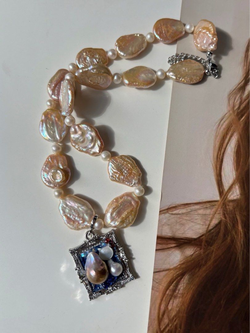 #PN480 Champagne Memory | Freshwater Pearl Necklace |Photo Frame Pendant |Removable|Baroque Pearl |Plate Shaped Pearl