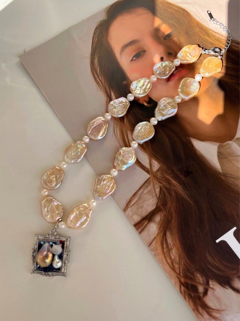 #PN480 Champagne Memory | Freshwater Pearl Necklace |Photo Frame Pendant |Removable|Baroque Pearl |Plate Shaped Pearl