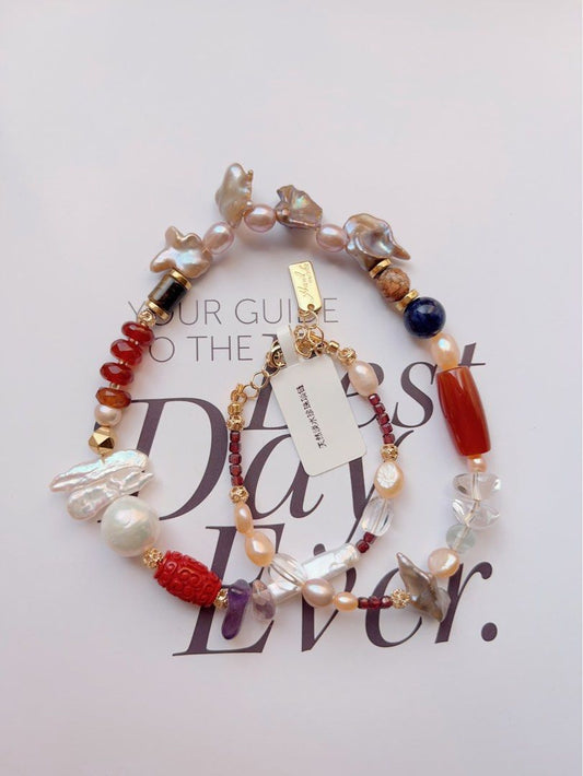 #PN501 Chic Sophisticated| Freshwater Pearl Necklace |Red Agate| Quartz| Metallic Petals Pearl | Baroque Pearl