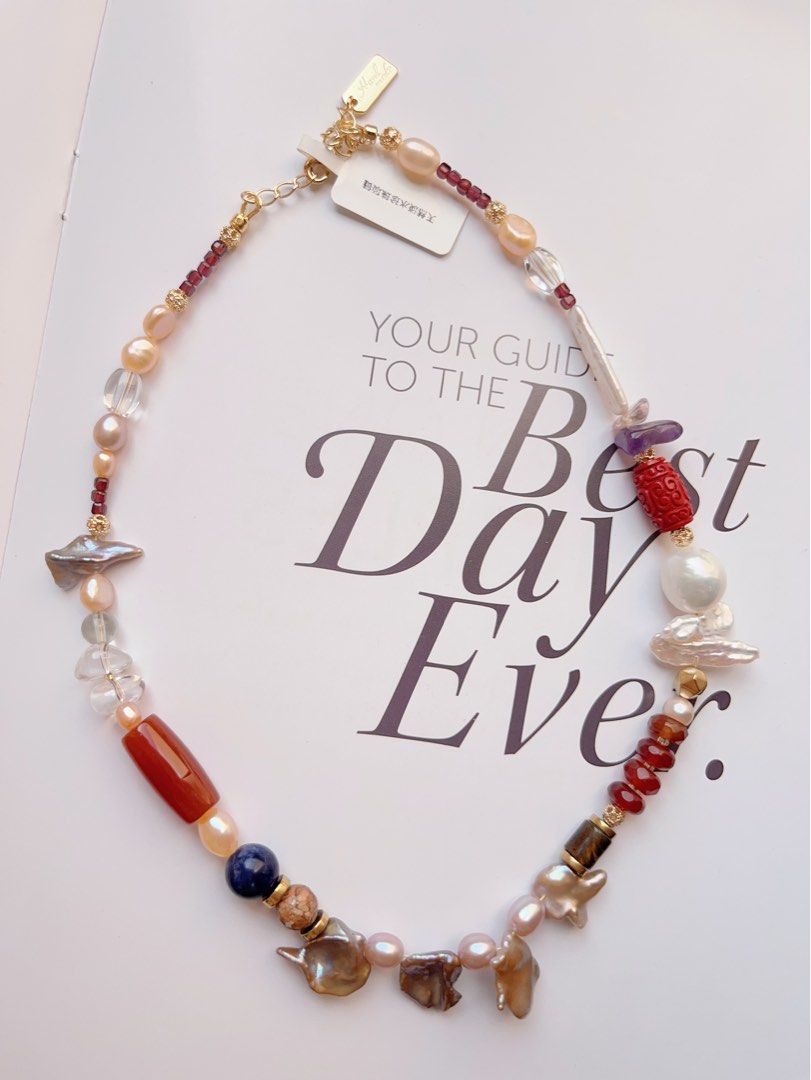 #PN501 Chic Sophisticated| Freshwater Pearl Necklace |Red Agate| Quartz| Metallic Petals Pearl | Baroque Pearl