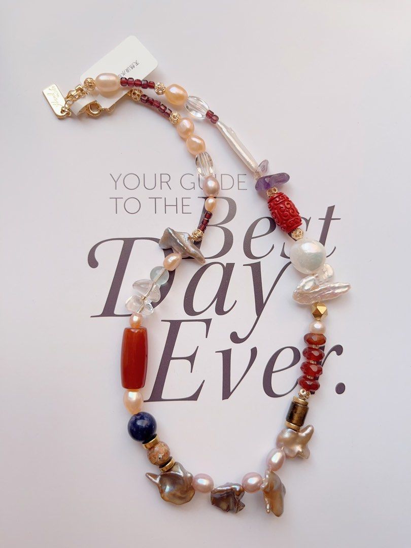 #PN501 Chic Sophisticated| Freshwater Pearl Necklace |Red Agate| Quartz| Metallic Petals Pearl | Baroque Pearl