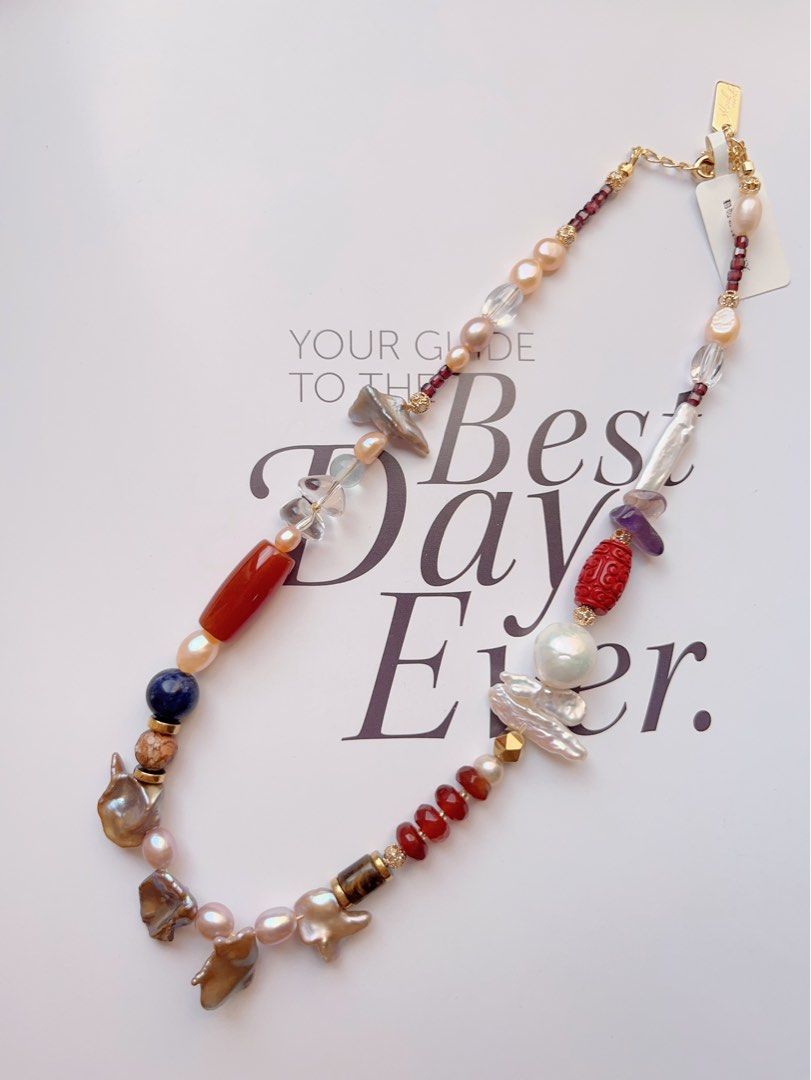 #PN501 Chic Sophisticated| Freshwater Pearl Necklace |Red Agate| Quartz| Metallic Petals Pearl | Baroque Pearl