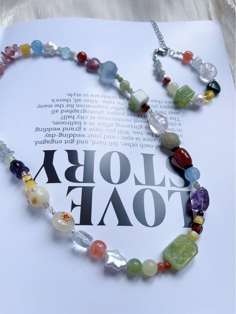 #PN591 [ChromaGems] Blue Miracle |Freshwater Pearl & Gem Necklace & Bracelet Set|Green Grape Serpentine Jade|Flower Engraved Plaque|Bodhi Lotus|Fluorite |Quartz|”Star” Pearl |Bodhi Cat Claws Roasted Colour |Malachite