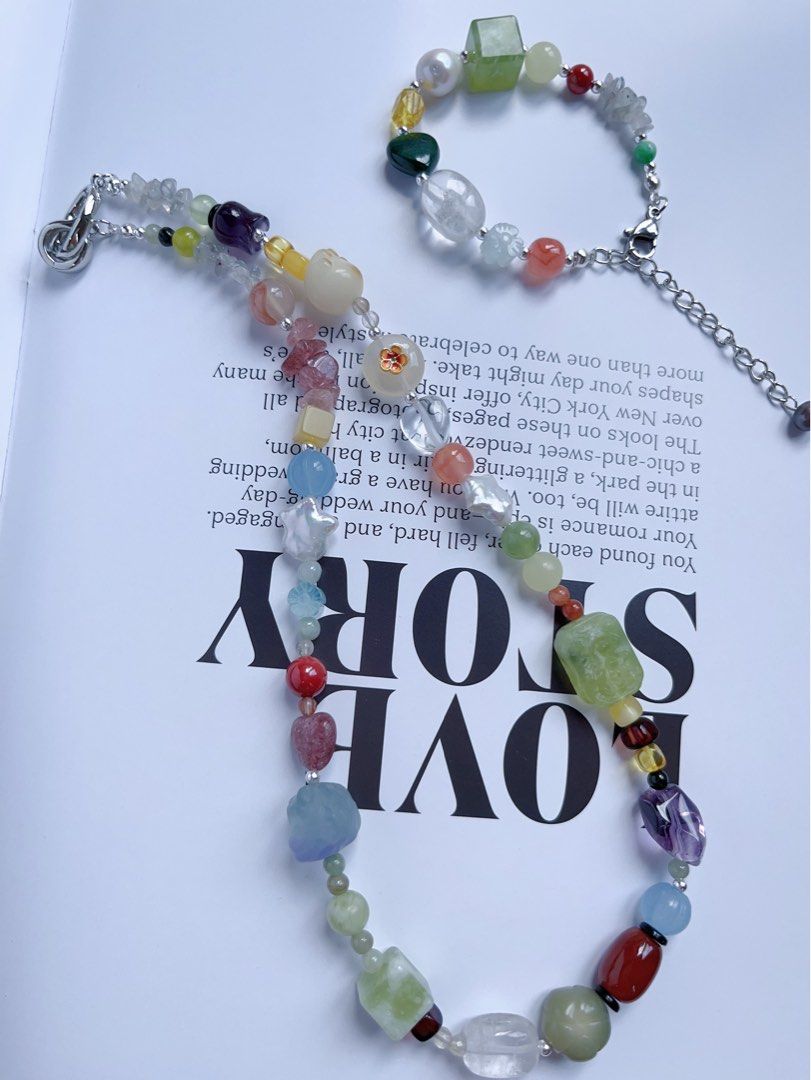 #PN591 [ChromaGems] Blue Miracle |Freshwater Pearl & Gem Necklace & Bracelet Set|Green Grape Serpentine Jade|Flower Engraved Plaque|Bodhi Lotus|Fluorite |Quartz|”Star” Pearl |Bodhi Cat Claws Roasted Colour |Malachite