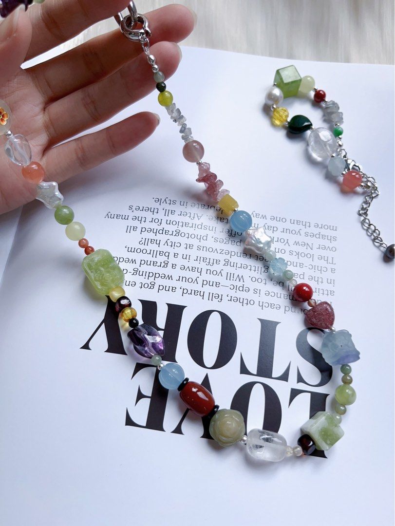 #PN591 [ChromaGems] Blue Miracle |Freshwater Pearl & Gem Necklace & Bracelet Set|Green Grape Serpentine Jade|Flower Engraved Plaque|Bodhi Lotus|Fluorite |Quartz|”Star” Pearl |Bodhi Cat Claws Roasted Colour |Malachite