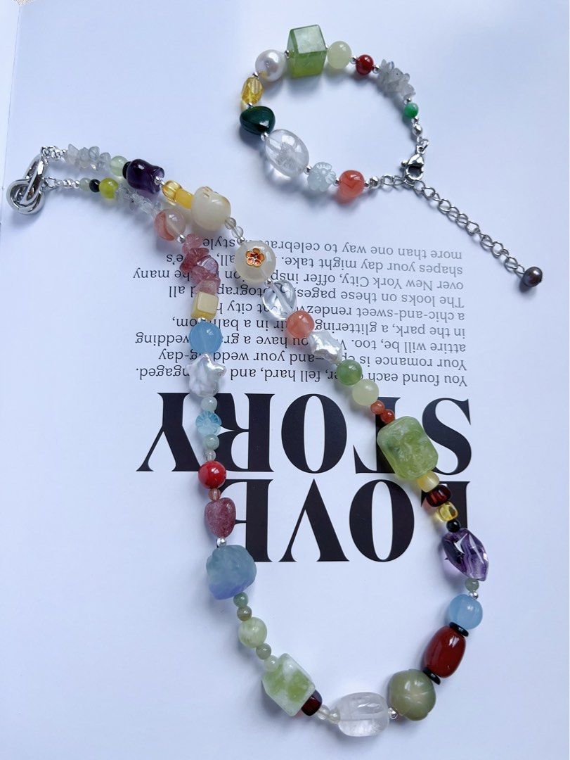 #PN591 [ChromaGems] Blue Miracle |Freshwater Pearl & Gem Necklace & Bracelet Set|Green Grape Serpentine Jade|Flower Engraved Plaque|Bodhi Lotus|Fluorite |Quartz|”Star” Pearl |Bodhi Cat Claws Roasted Colour |Malachite