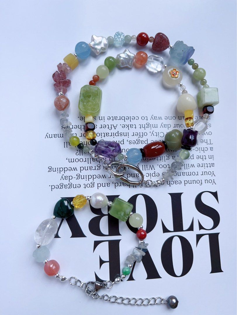 #PN591 [ChromaGems] Blue Miracle |Freshwater Pearl & Gem Necklace & Bracelet Set|Green Grape Serpentine Jade|Flower Engraved Plaque|Bodhi Lotus|Fluorite |Quartz|”Star” Pearl |Bodhi Cat Claws Roasted Colour |Malachite