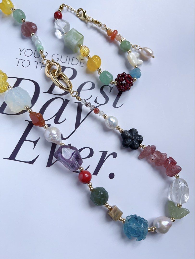 #PN595 [ChromaGems] Freshwater Pearl & Gems Necklace & Bracelet Set|Baroque Pearl |Garnet Flower Ball|Green Grape Serpentine Jade|Yellow, Purple, Strawberry, White Quartz |Opal|Rabbit Agate|Aquamarine Lotus|Rabbit Shell Pearl