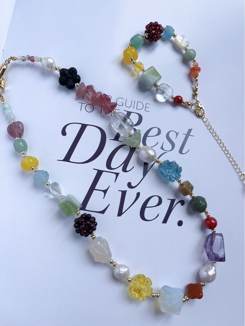 #PN595 [ChromaGems] Freshwater Pearl & Gems Necklace & Bracelet Set|Baroque Pearl |Garnet Flower Ball|Green Grape Serpentine Jade|Yellow, Purple, Strawberry, White Quartz |Opal|Rabbit Agate|Aquamarine Lotus|Rabbit Shell Pearl