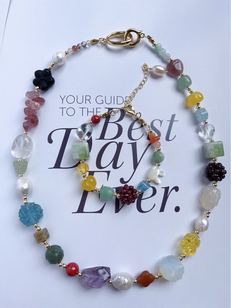#PN595 [ChromaGems] Freshwater Pearl & Gems Necklace & Bracelet Set|Baroque Pearl |Garnet Flower Ball|Green Grape Serpentine Jade|Yellow, Purple, Strawberry, White Quartz |Opal|Rabbit Agate|Aquamarine Lotus|Rabbit Shell Pearl