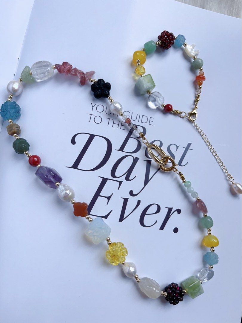 #PN595 [ChromaGems] Freshwater Pearl & Gems Necklace & Bracelet Set|Baroque Pearl |Garnet Flower Ball|Green Grape Serpentine Jade|Yellow, Purple, Strawberry, White Quartz |Opal|Rabbit Agate|Aquamarine Lotus|Rabbit Shell Pearl
