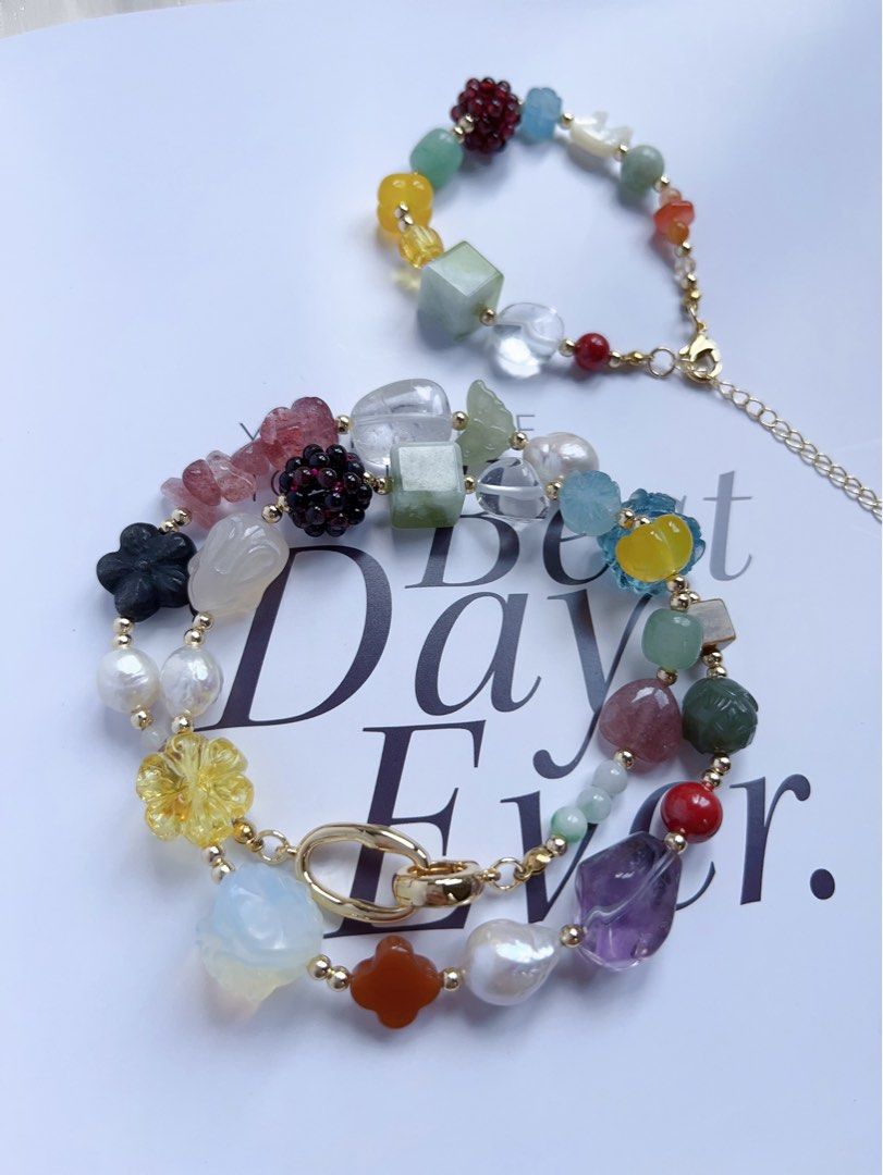 #PN595 [ChromaGems] Freshwater Pearl & Gems Necklace & Bracelet Set|Baroque Pearl |Garnet Flower Ball|Green Grape Serpentine Jade|Yellow, Purple, Strawberry, White Quartz |Opal|Rabbit Agate|Aquamarine Lotus|Rabbit Shell Pearl