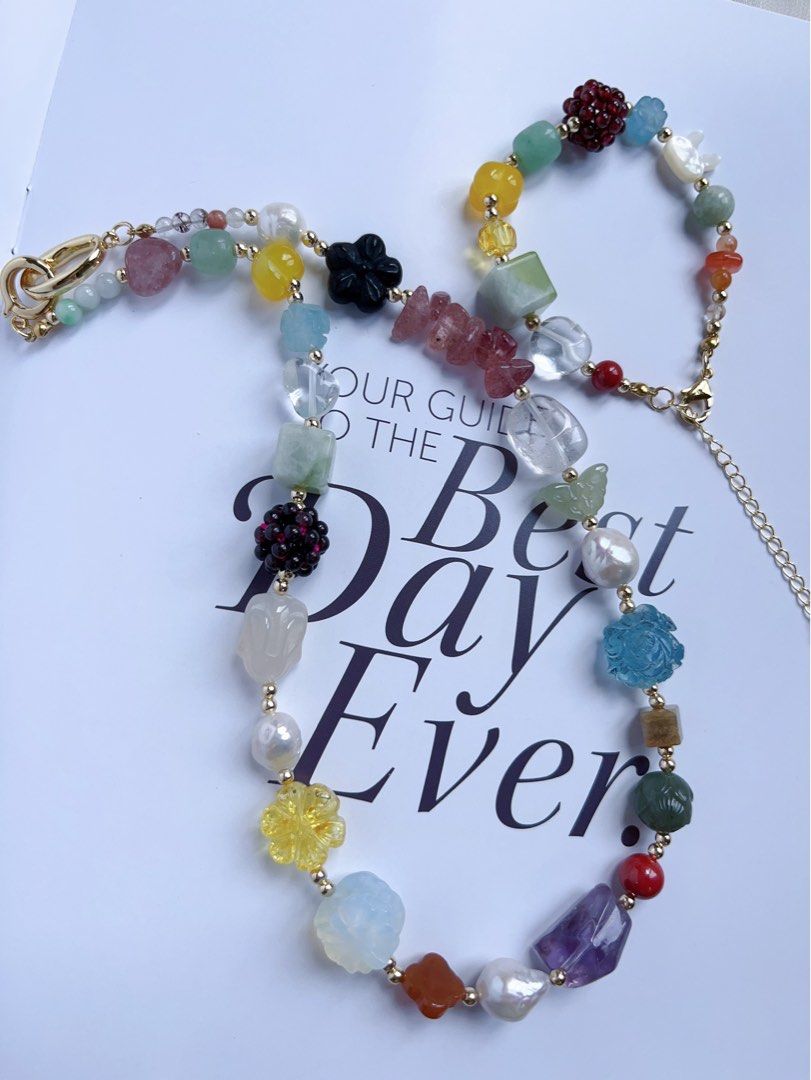 #PN595 [ChromaGems] Freshwater Pearl & Gems Necklace & Bracelet Set|Baroque Pearl |Garnet Flower Ball|Green Grape Serpentine Jade|Yellow, Purple, Strawberry, White Quartz |Opal|Rabbit Agate|Aquamarine Lotus|Rabbit Shell Pearl